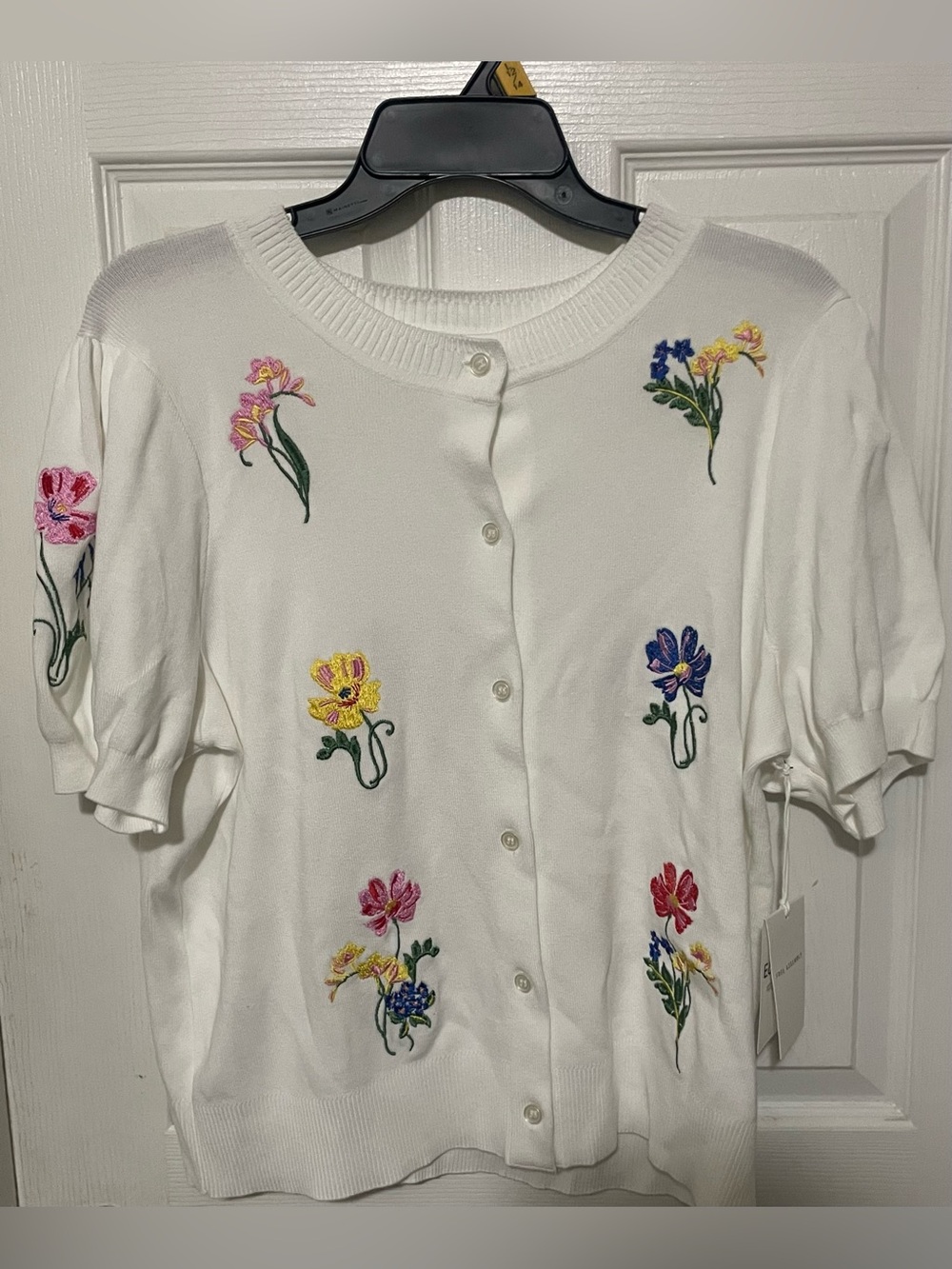 NWT Free Assembly Embroidered Floral Puff Sleeve White Cardigan Sweater Large - Picture 7 of 10